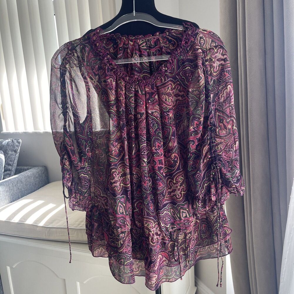 Due Per Due 100% Silk Sheer Blouse Paisley Cinched Waist 3/4 Sleeves M